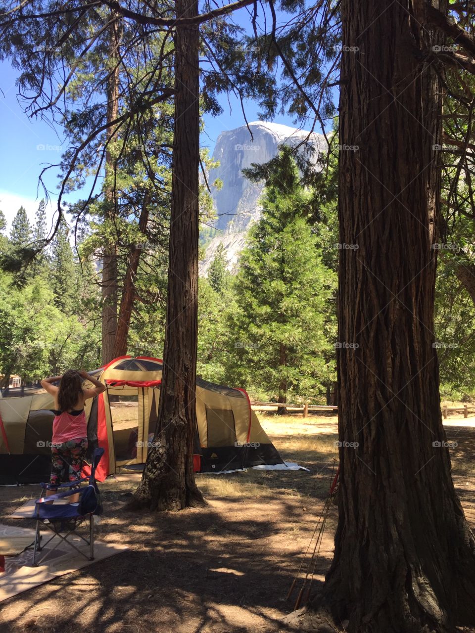 Camping Yosemite Valley . Camping in Yosemite valley with Half Dome in the background
