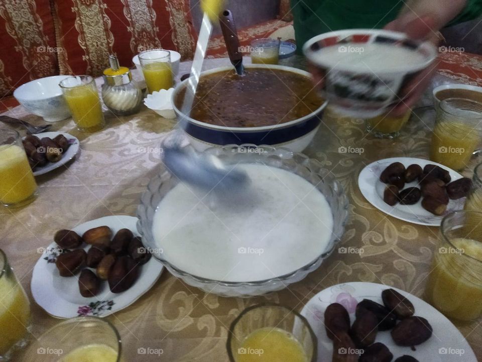 Moroccan table in Ramadan month:  Soup. Date and eggs.