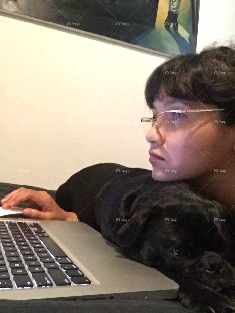 Dog Resting Woman Using Laptop