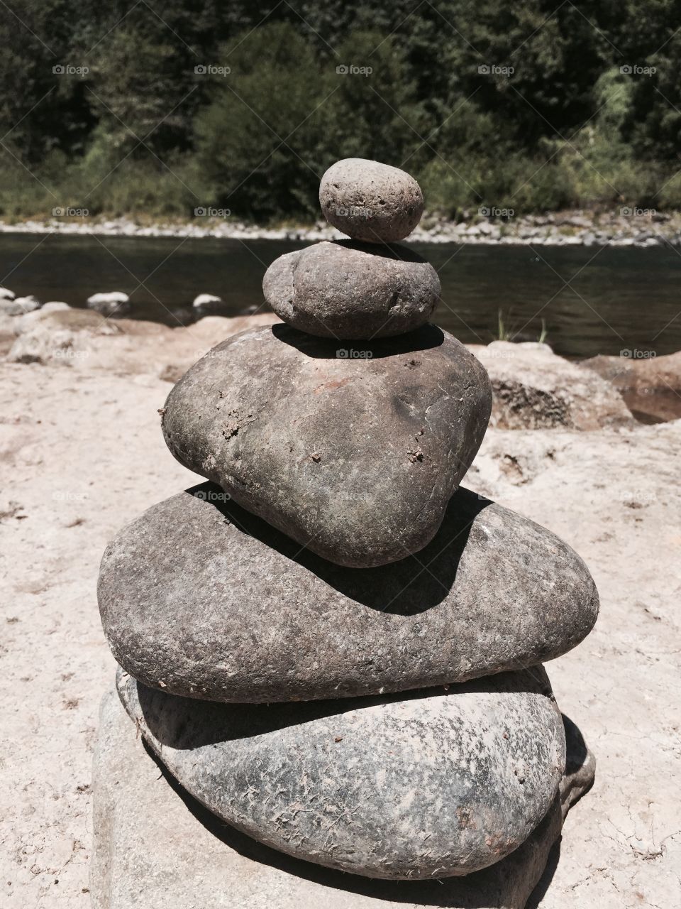 Stack of rocks. Rock formation at rivers edge. 