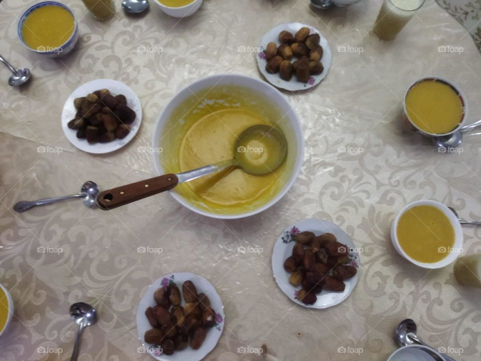 Moroccan table in Ramadan month:  various food.