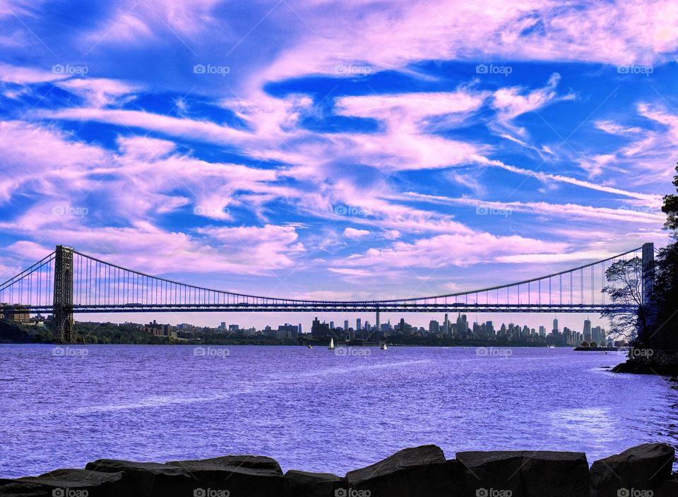 George Washington Bridge with NY Skyline in Background 