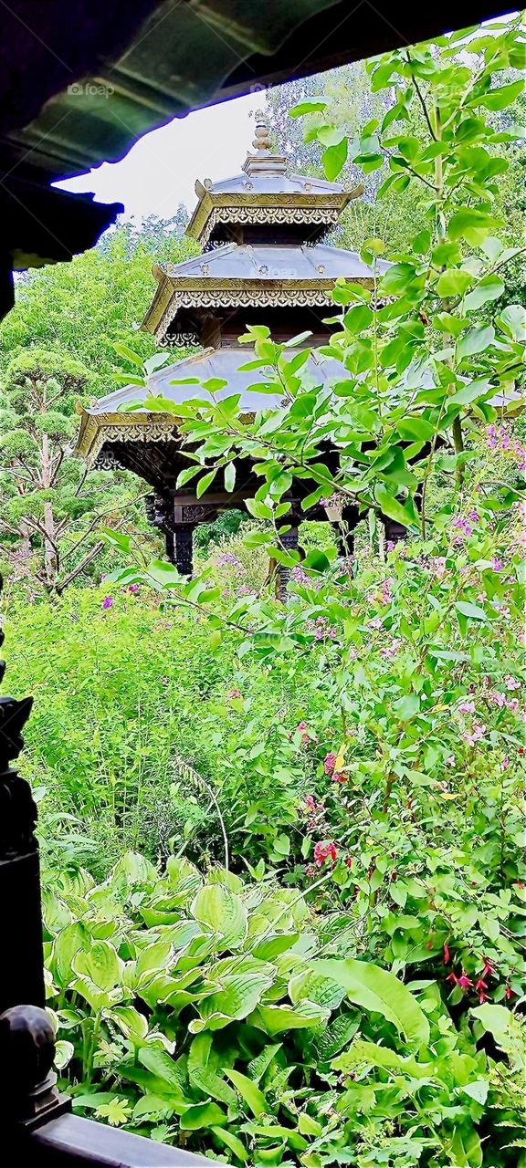 In between the lush green vegetation beautiful pagoda like structures are to be found at “Himalaya Nepal Park” in “Wiesent”, “Bavaria”, Germany. 2024. Hypnotic Productions