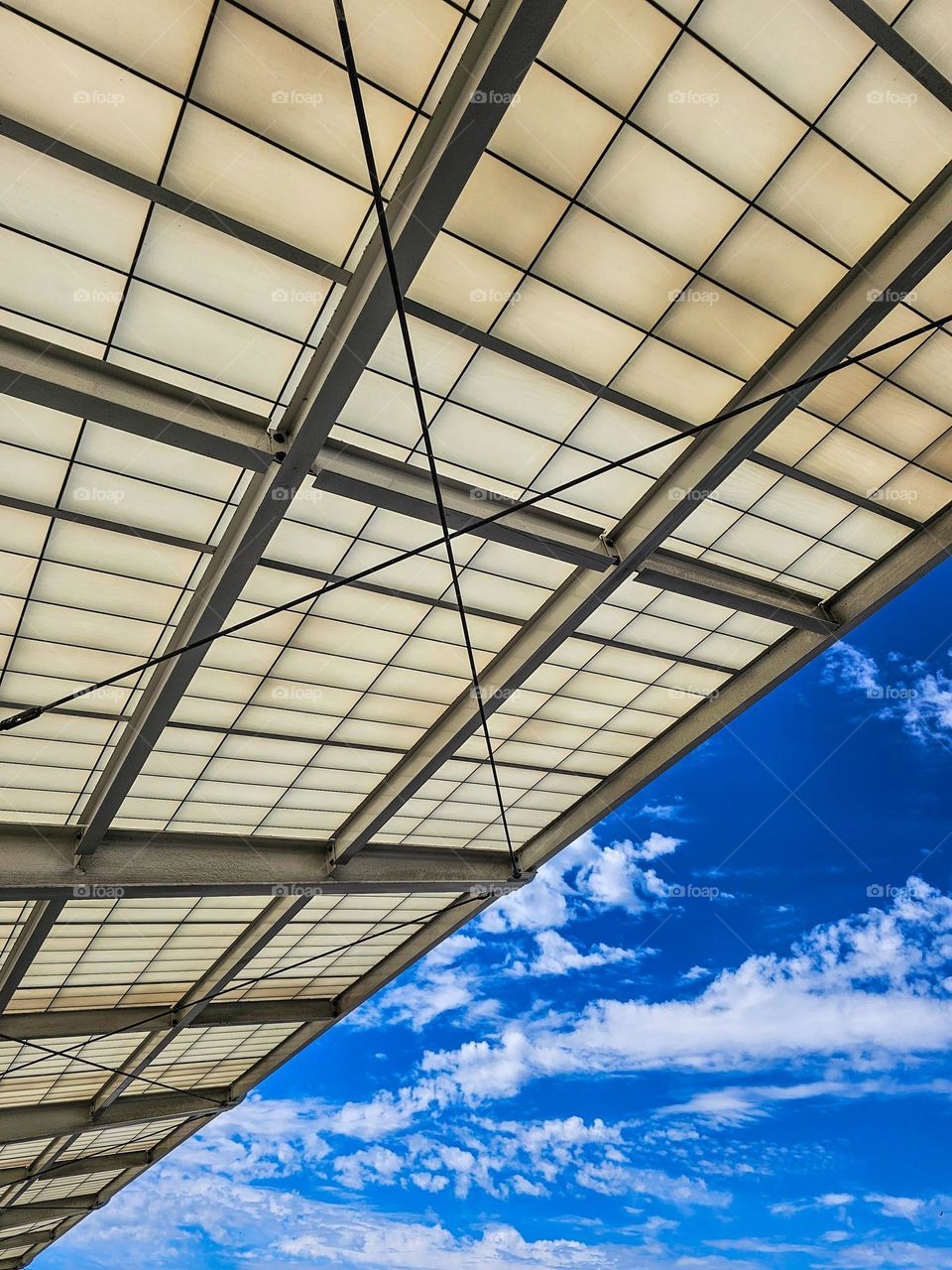 Architectural overhang outside of Oakland International Airport curbside in Oakland California 