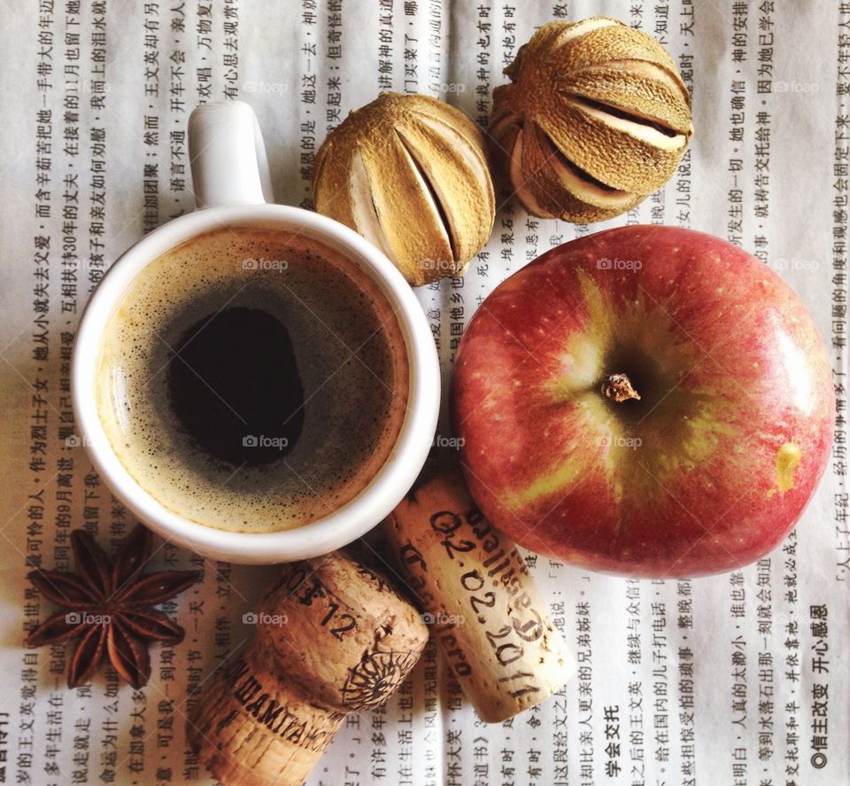 Coffee and Chinese newspaper 