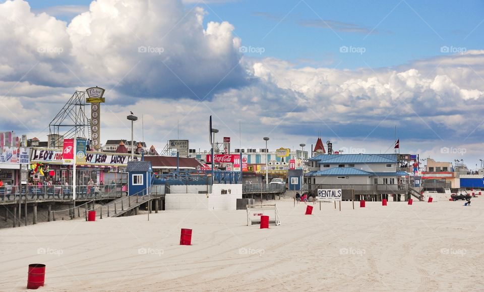 Jersey Shore at Seaside. The pier at Seaside Heights was not spared by Hurricane Sandy. Photo was taken 3 months before the storm hit. 
