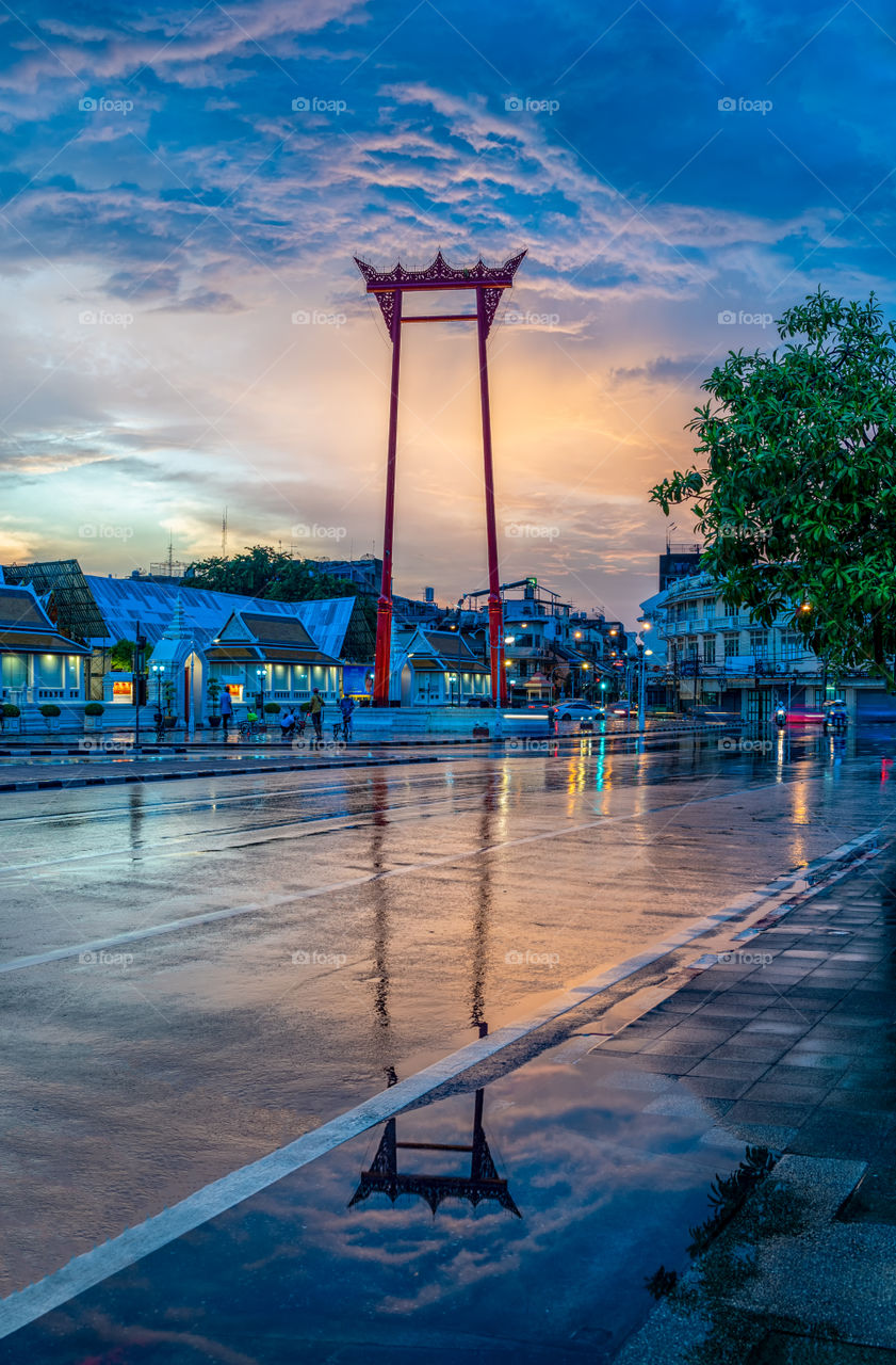 The beautiful scene of big red swing column landmark in Bangkok Thailand