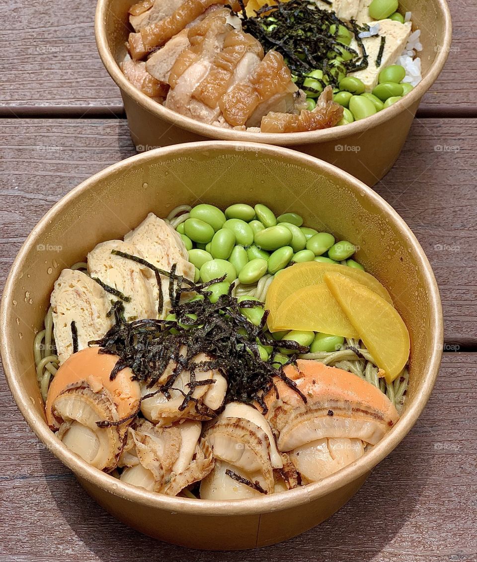 Wafu butter Japanese large hotate cha soba and teriyaki chicken donburi 