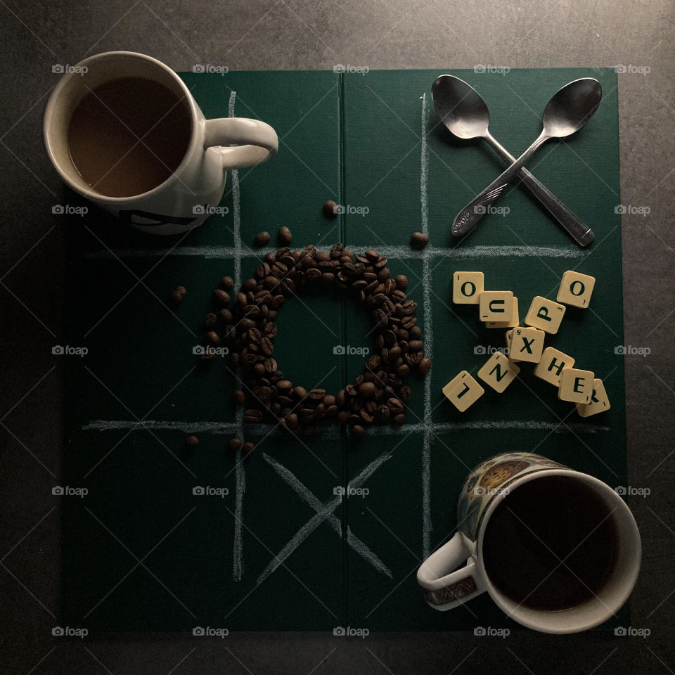 Board game coffee flatlay.