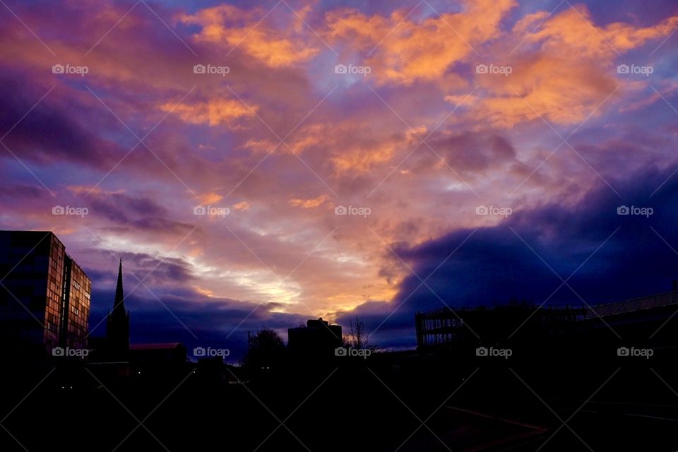 Sunrise In England, Sunrise Light Reflects Off Buildings, College Campus At Sunrise, Preston England, Colorful Sky In England 
