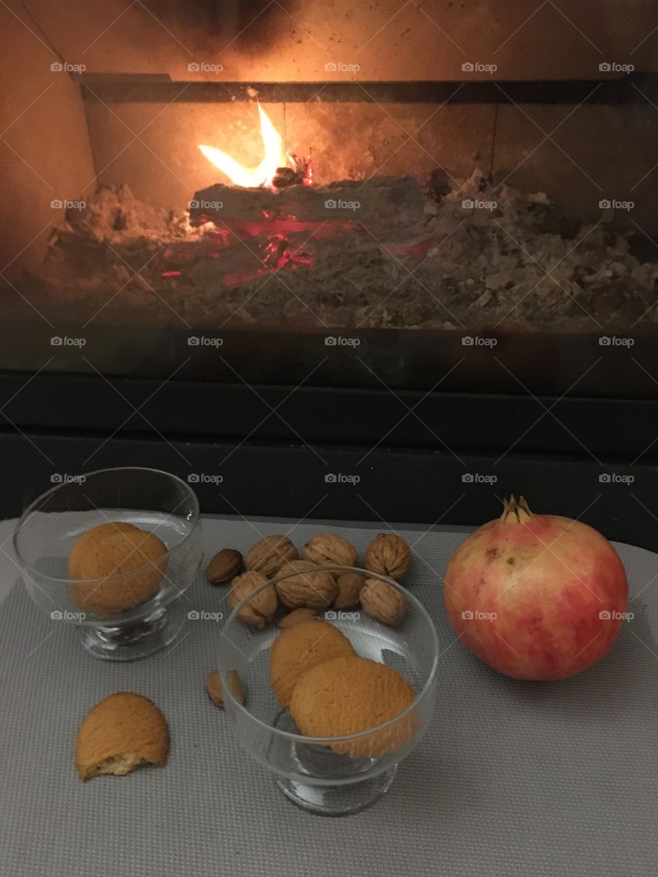Near the fireplace with snacking 