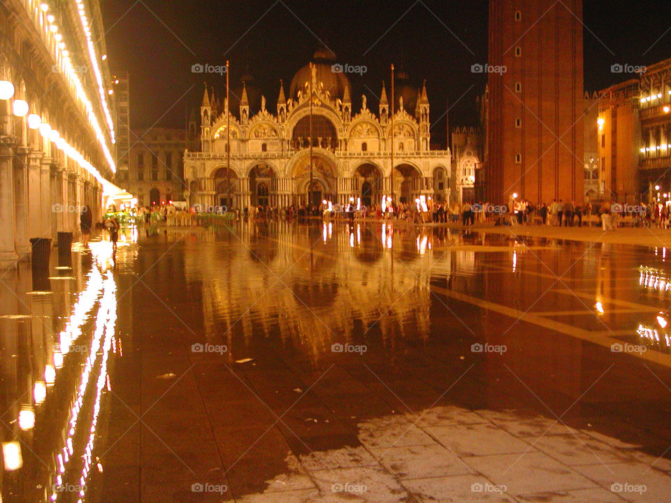 Piazza San Marco at night. Flooded St. Mark's Square at night