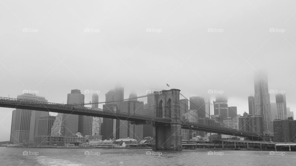 Brooklyn Bridge NYC skyline cityscape.  Statue of liberty. USA NYC New York City