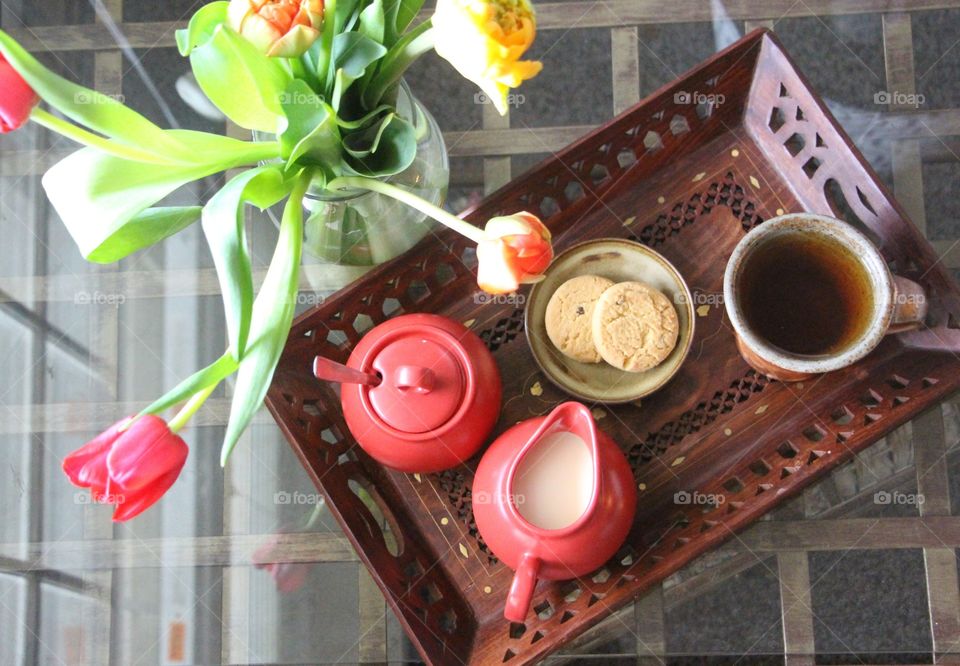 High angle view of teapot on table