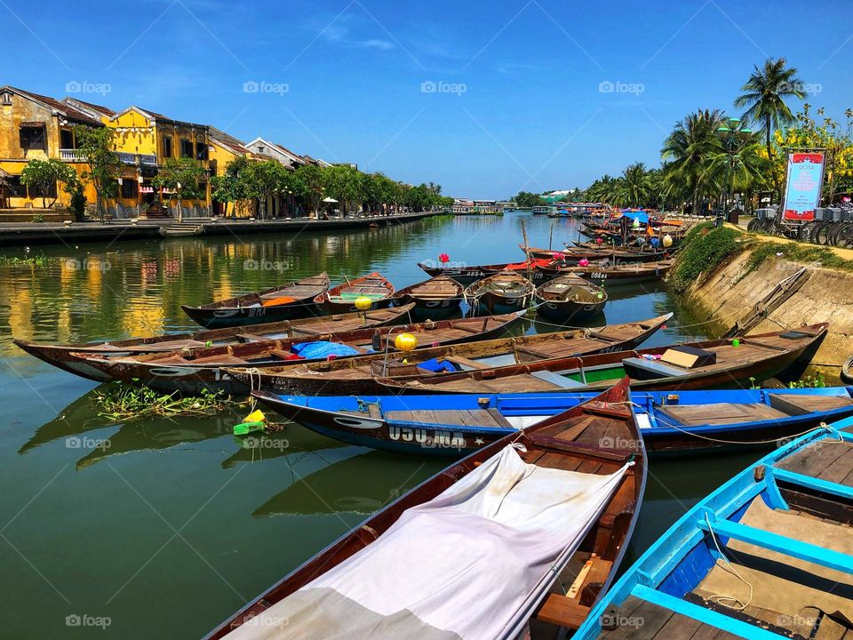 Colorful fishing boats in Hoi An, Vietnam.