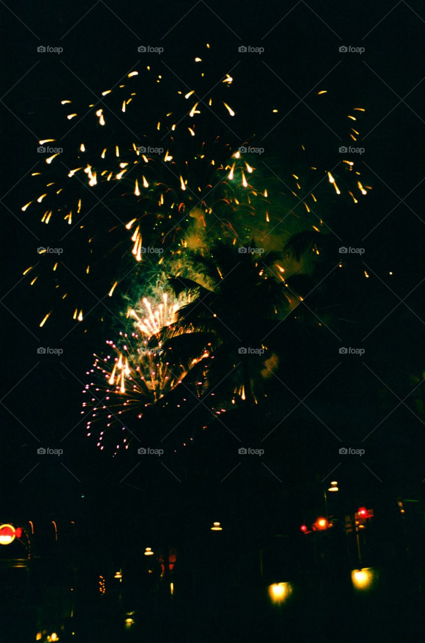 Firework display at night