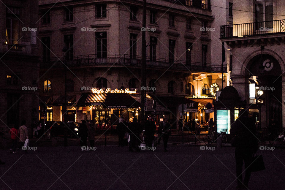 a corner of París , beautiful coffee bar, night and lights, bar terrace