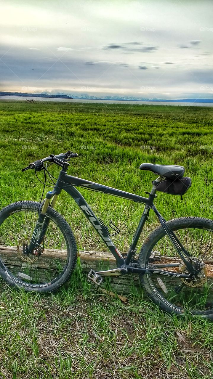 mountain bike by field and mountains