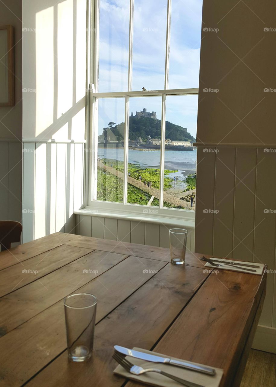 View on St Michael' mount from restaurant window