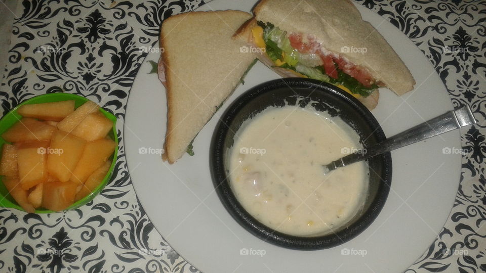 Turkey and Cheese on White Bread, Chicken Corn Chowder, and Cantaloupe