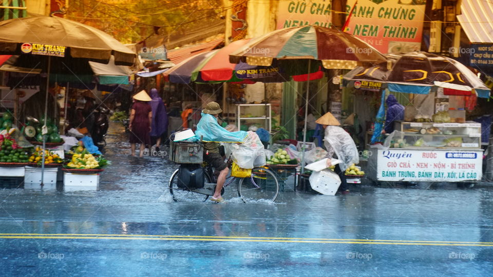 Market in rain