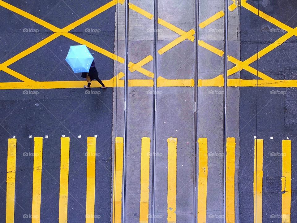 Walking in the rain seen from above