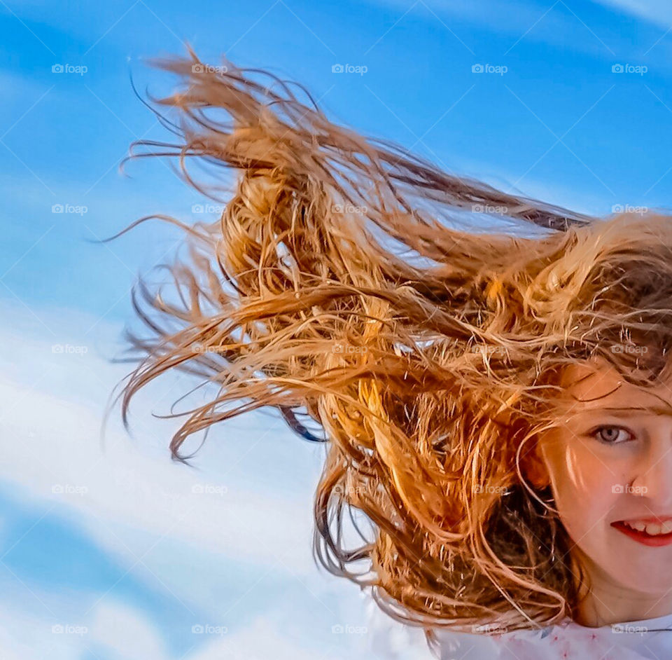 Crazy flying hair and half face selfie 