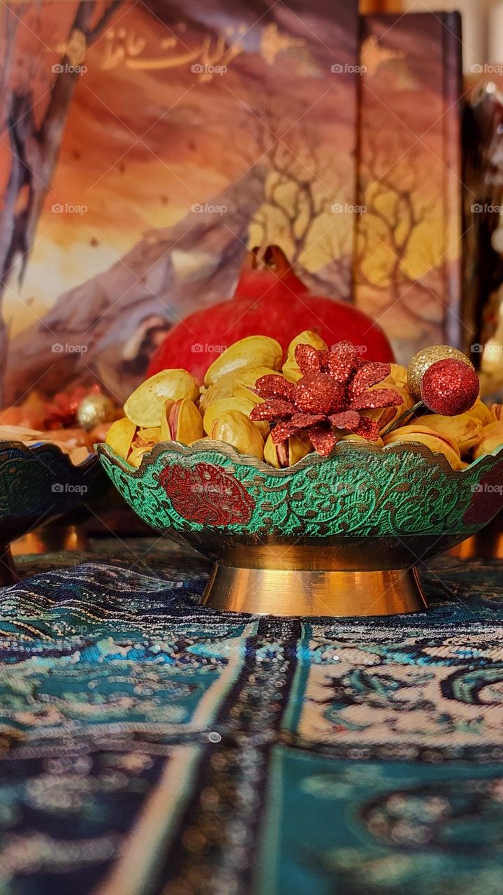 Shab e Yalda is an Iranian festival celebrated on the longest night of the year.This corresponds to the night of December 21.A wide variety of fruits are served such as watermelon pomegranate.In addition nuts and dried fruit are popular.