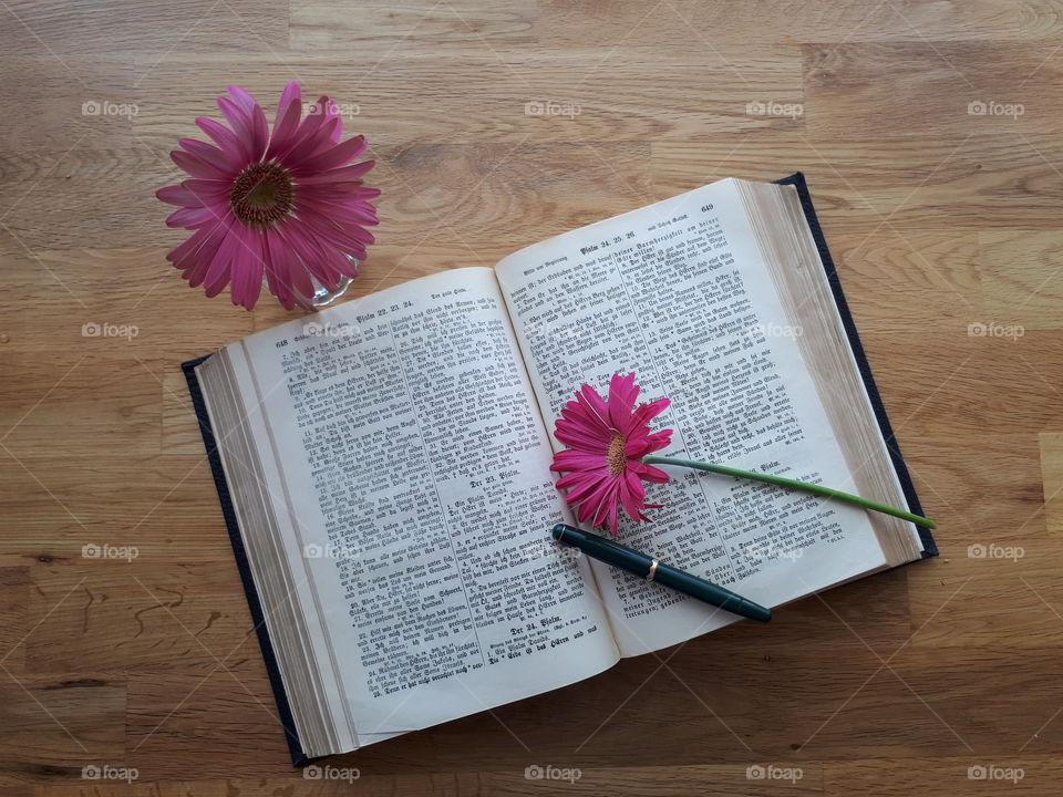 Stilleben mit Bibel und Blumen