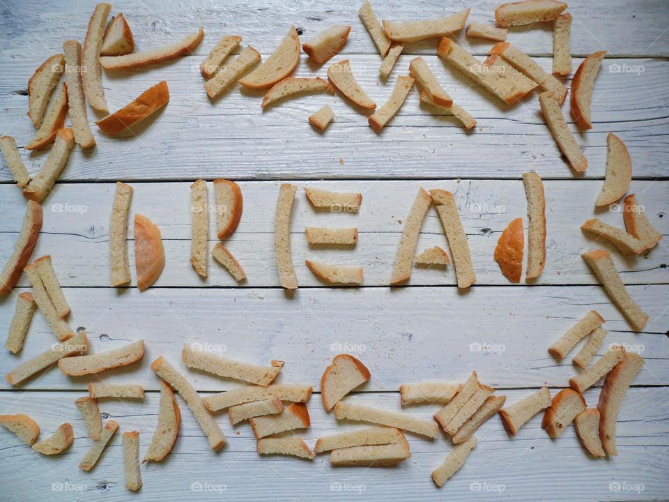 inscription bread made from rusks of white bread