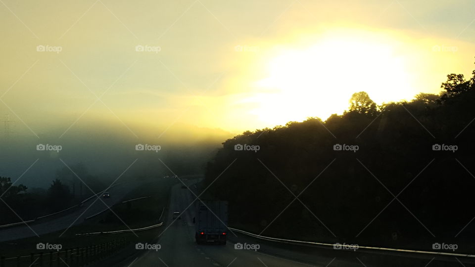 Sunset, Fog, Dawn, Landscape, Vehicle