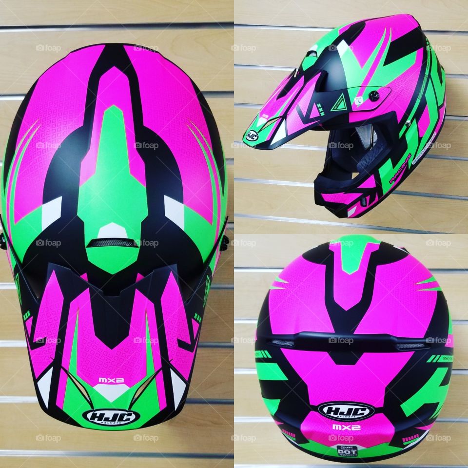 HJC off-road helmet pink green riding gear