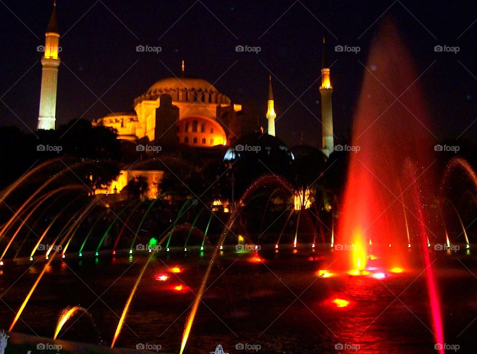 Hagia Sophia in Istanbul at night; Aya Sofia; Turkey, lights, fountain