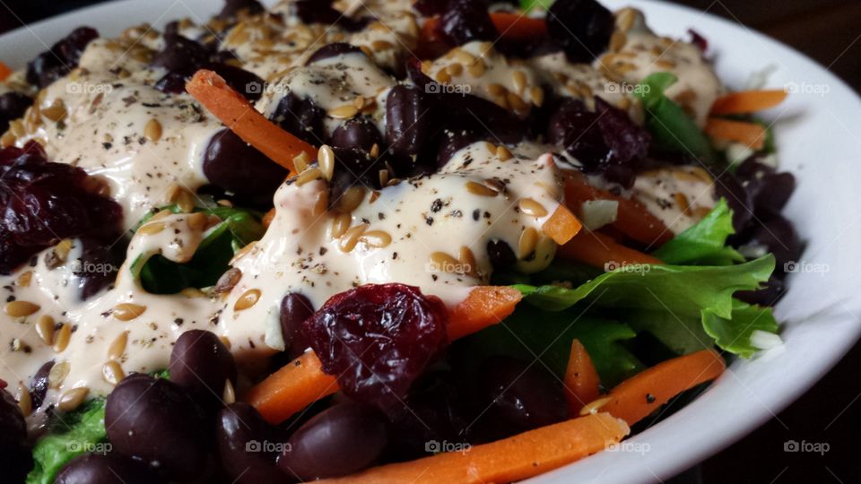 A scrumptious salad, fully loaded with Cranberries, Black beans, Carrots, Flax seeds,  and much more!