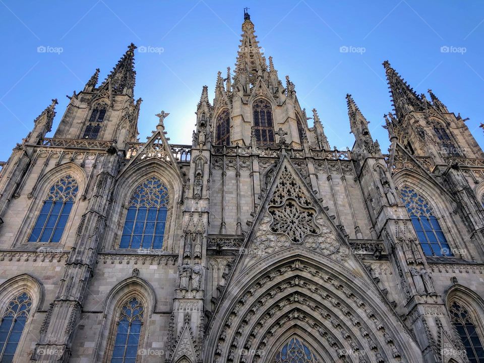 Bottom up view to the gothic Cathedral of the Holy Cross and Saint Eulalia