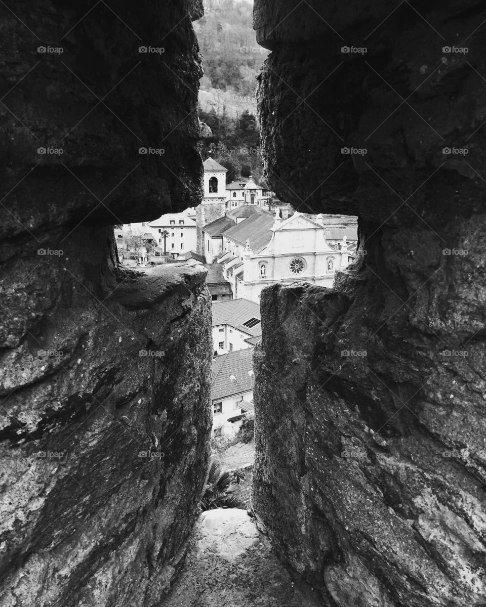 View of Collegiata from the wall of Castelgrande Bellinzona. Ticino, Switzerland 