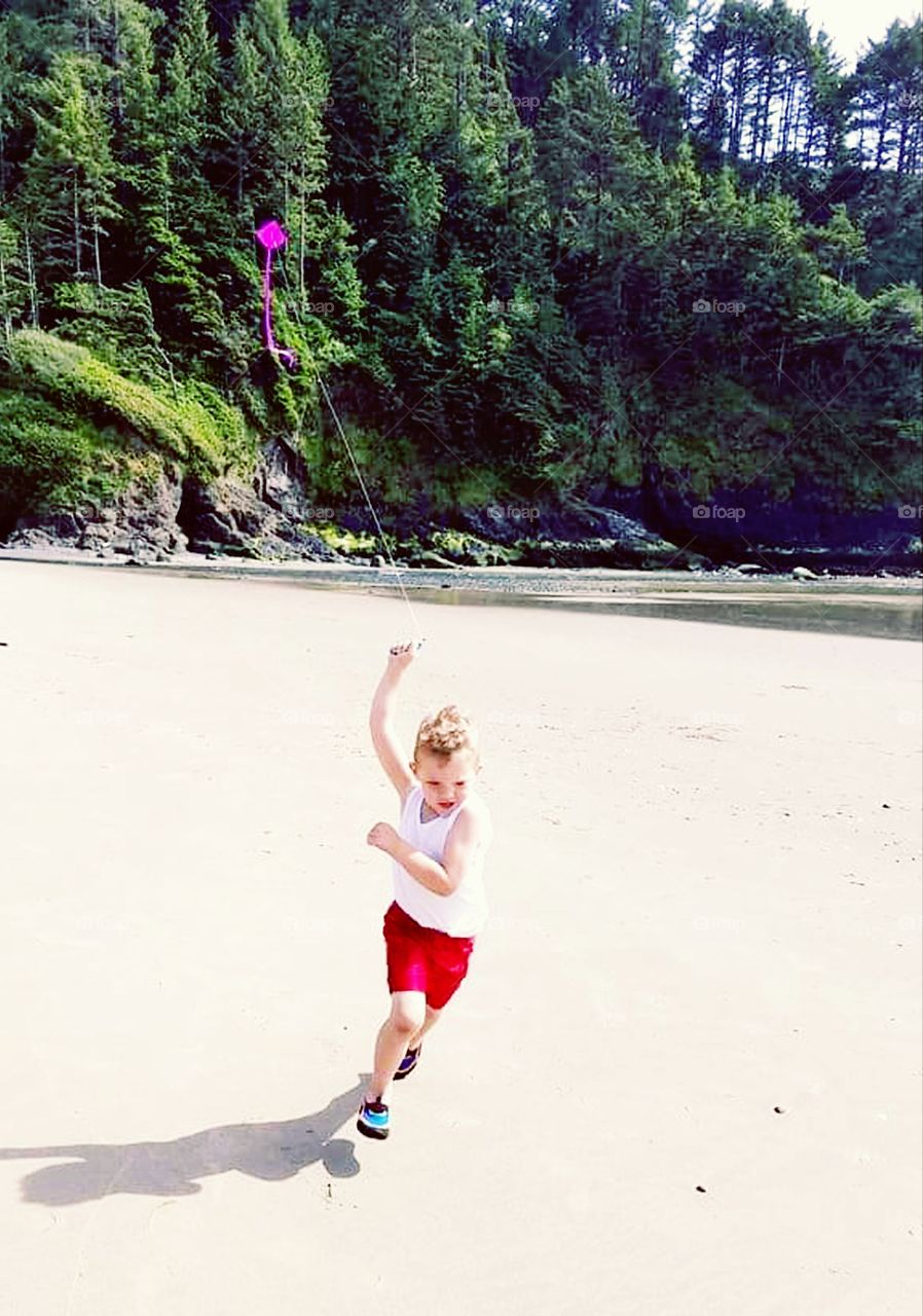 Littlw boy flies a kite on the beach.