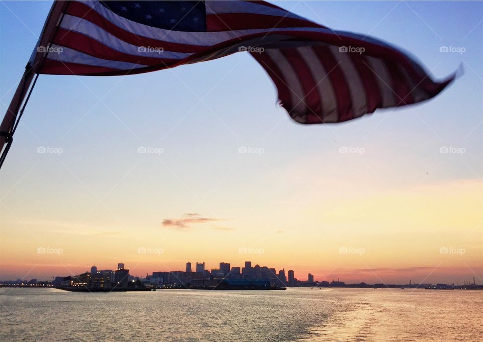 Boston skyline with American flag