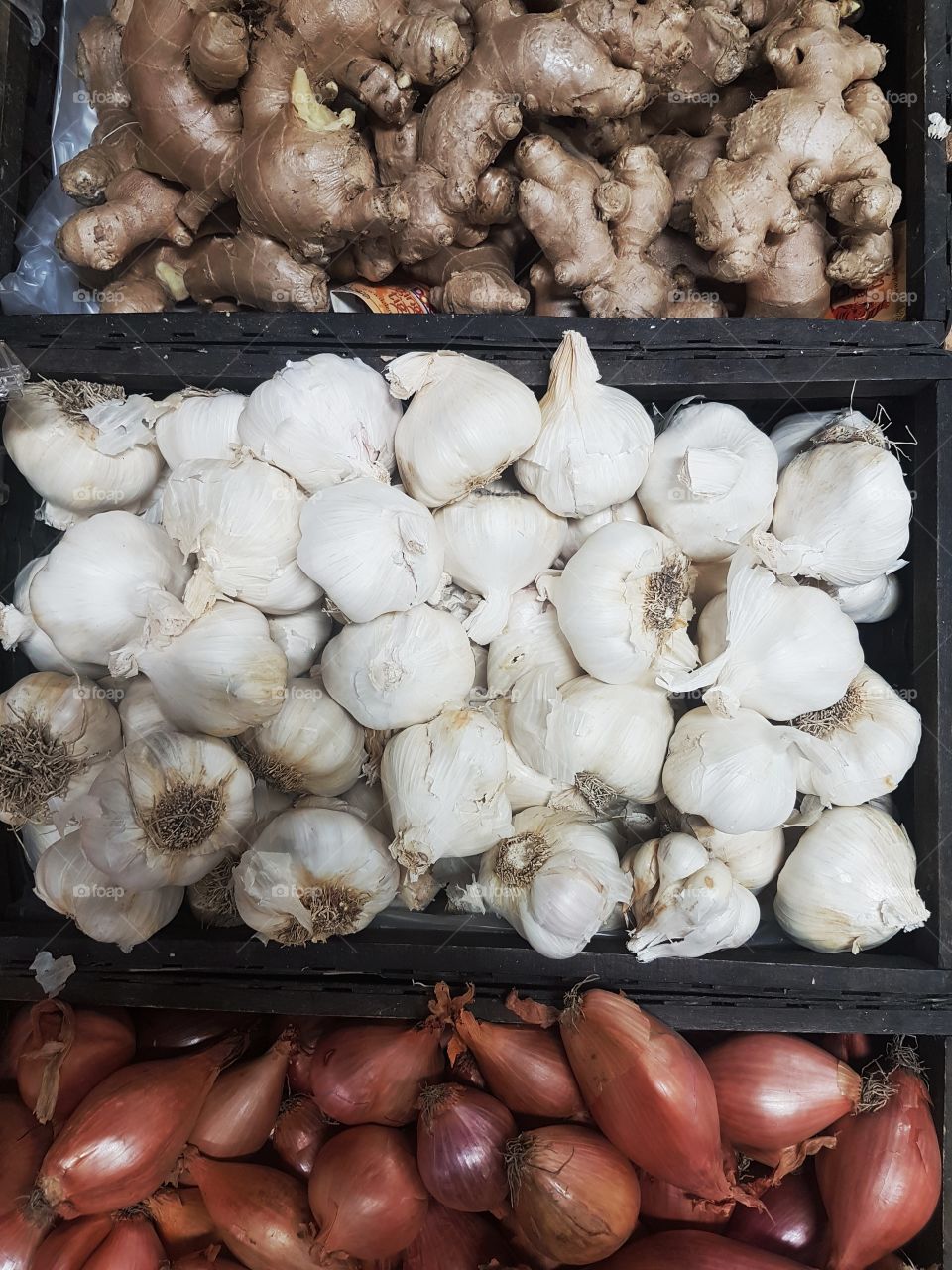 Garlic and ginger fresh at market stall