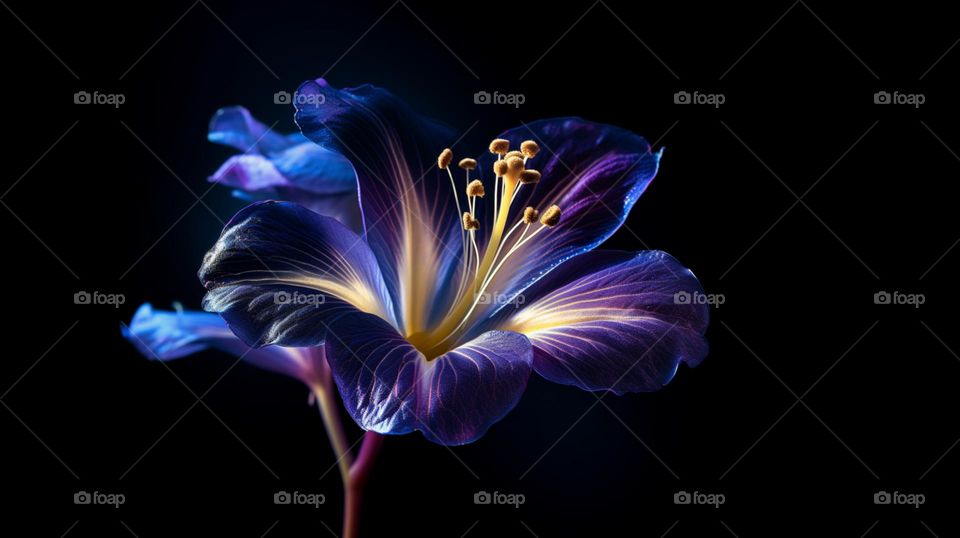 bright blue and violet flowers that are in bloom, in the style of realistic lighting