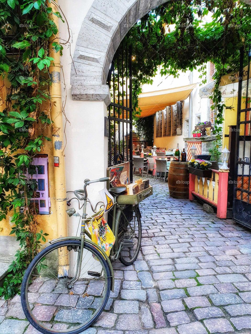 bicicleta com livros em frente a um café numa ruela em Tallin