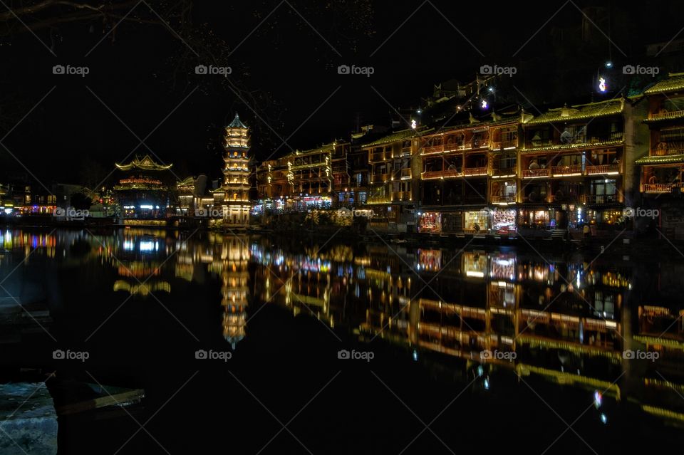 Zhangjiajie Phoenix Ancient City at night.