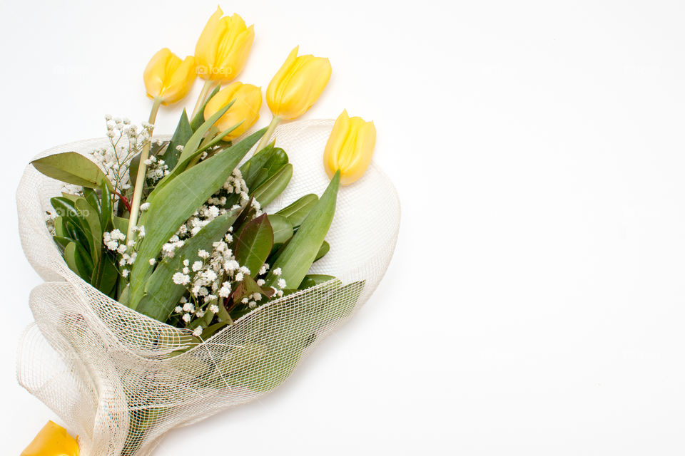 Yellow Tulips Bouquet Flowers Isolated In White Background
