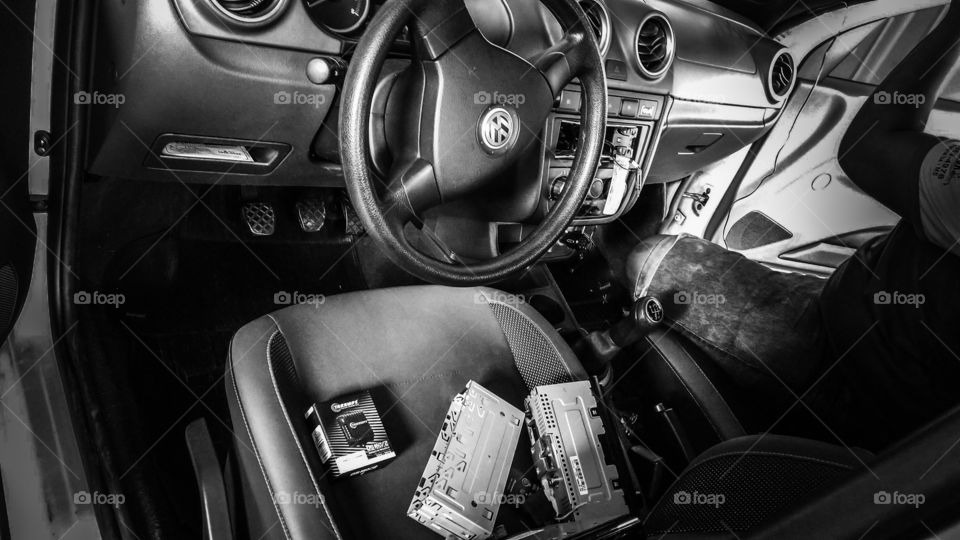 Manutenção, interior, aparelho de som do carro.