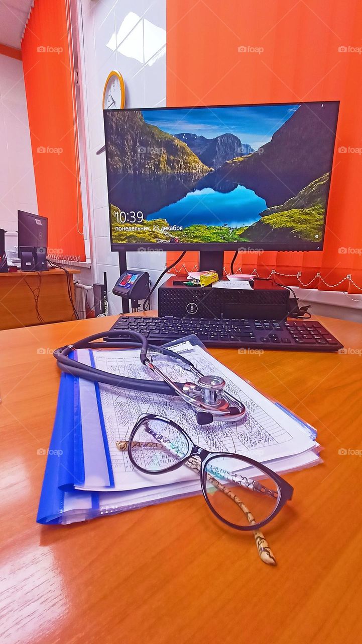 doctor's desk, monitor on the table, computer desk, keyboard, window, stingers, orange