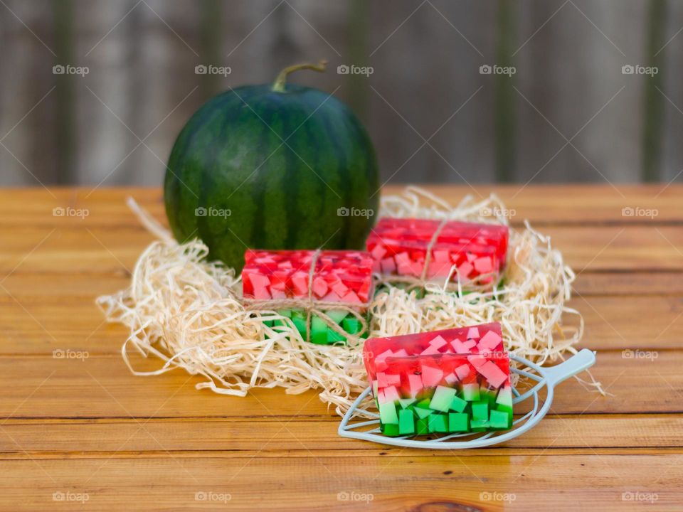 Soap bars of handmade soap with watermelon aroma.