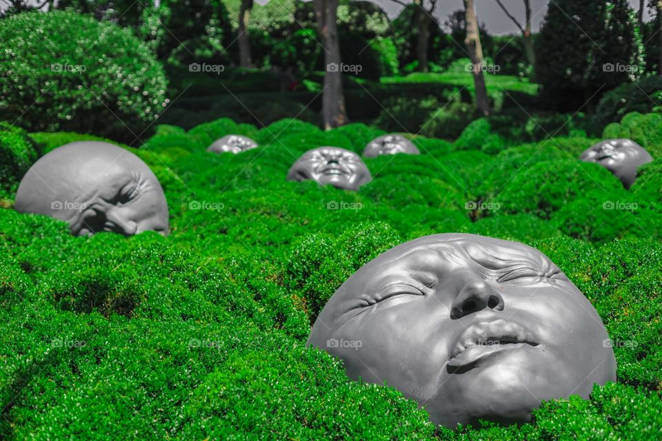 Beautiful view of the garden of Normandy with sculptures of faces with different emotions in the bushes in Etretat, France, close-up side view. The concept of beautiful backgrounds and wallpapers.