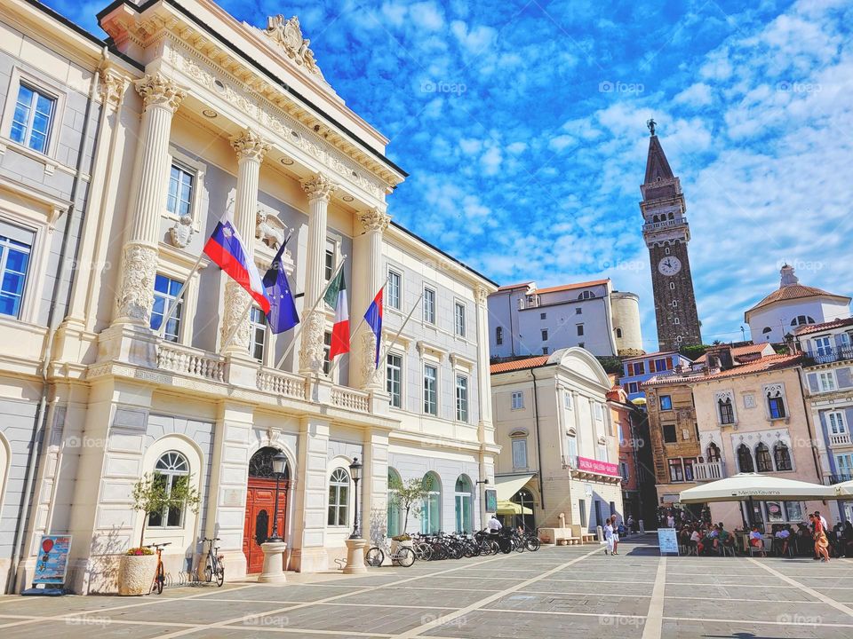 Piran, Slovenia. Europe. Summer vacation.  Ancient and modern architecture. Adriatic seaside