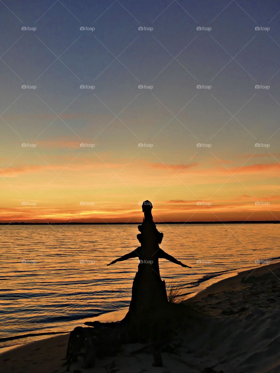 A petrified tree stump stands erect like a silhouetted human, with a head and arms in front of a shimmering sunset