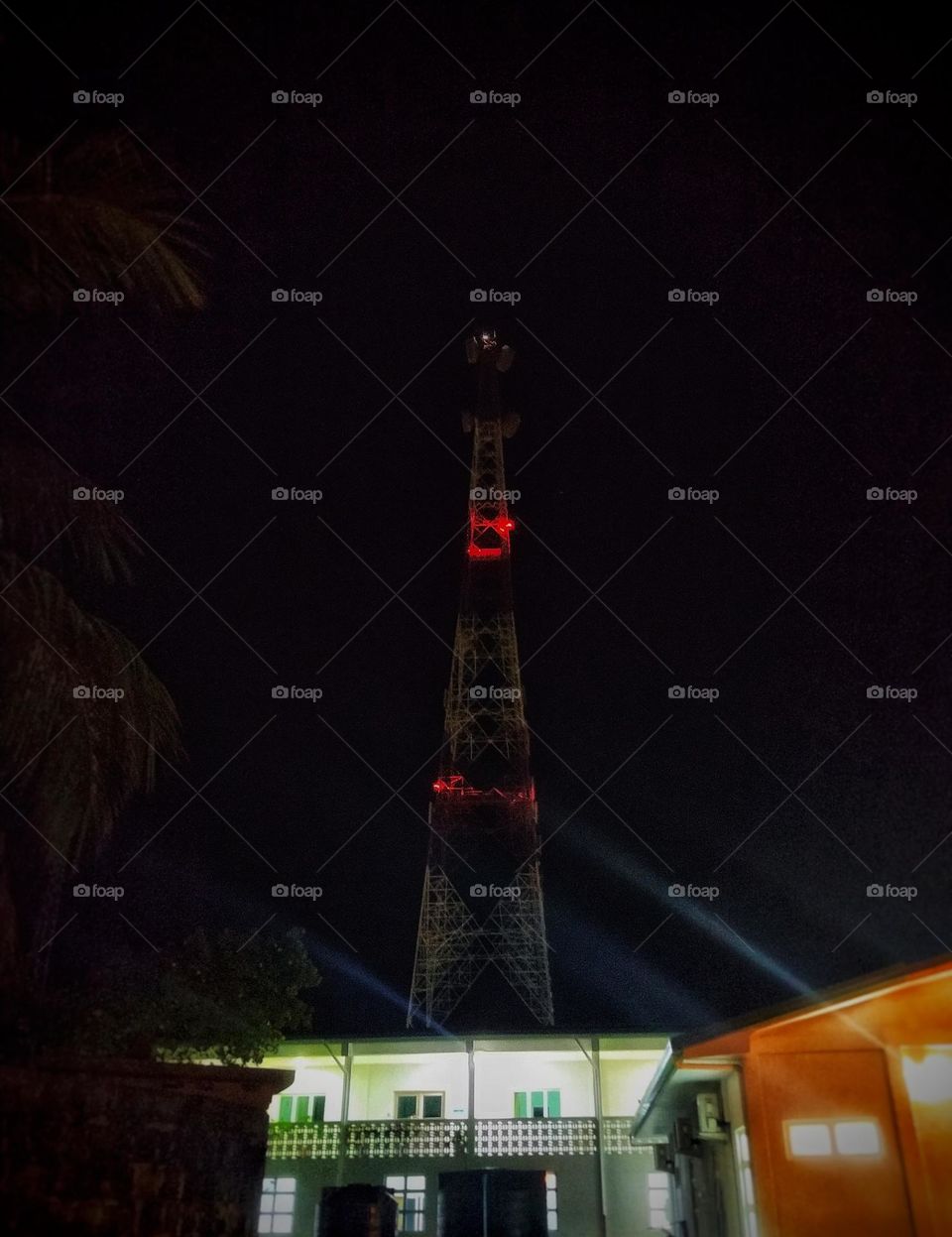 Tower against sky captured at night in Fuvahmulah island, Maldives.